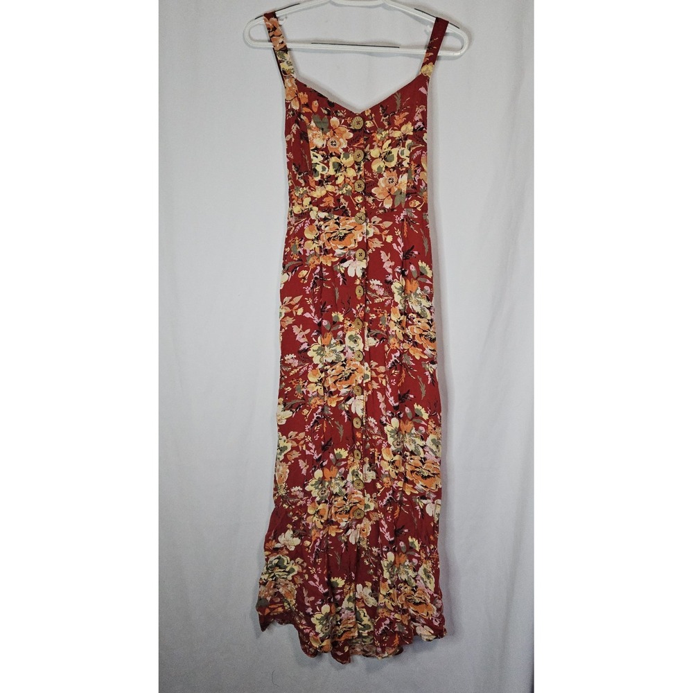 Maxi Dress Womens Rust Red Floral Button Front Boho Cottagecore Tie Back‎ M